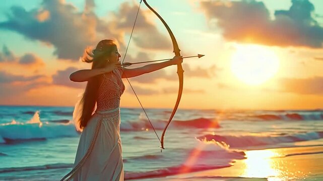 Asian woman archer shooting a bow on the seashore