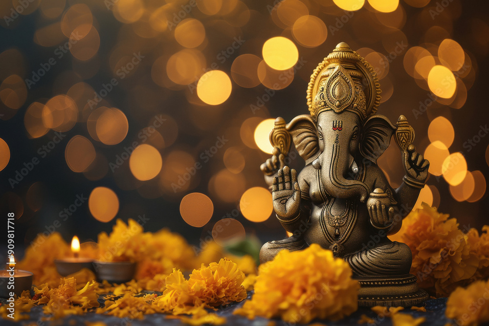 Canvas Prints lord ganesha sculpture surrounded by flower and lamp