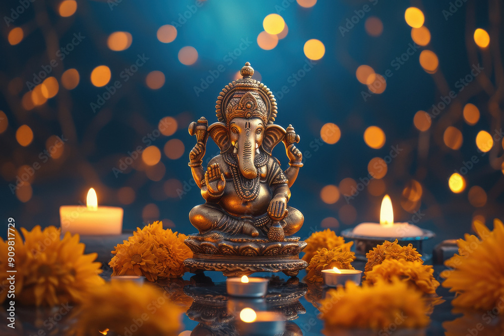 Sticker lord ganesha sculpture surrounded by flower and lamp