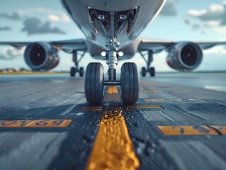 Detailed View of Airplane Landing Gear Touching Down on Runway with Copy Space