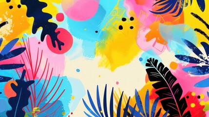 Playful graphic design background with cartoon illustrations and bright colors. 
