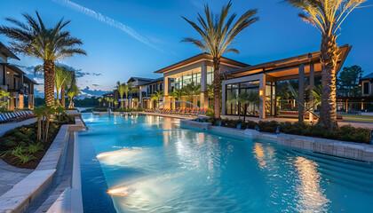 Fototapeta premium Resort with Modern Architecture, Luxurious Pool, and Upscale Amenities for Ultimate Relaxation