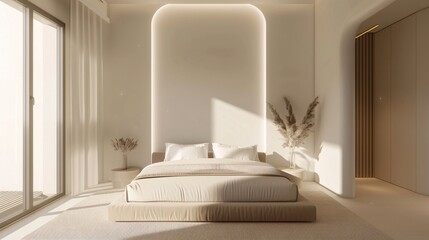 Ultra-sharp photograph of a contemporary bedroom with a minimalist design, highlighting sleek lines and soft textures. With copy space for text