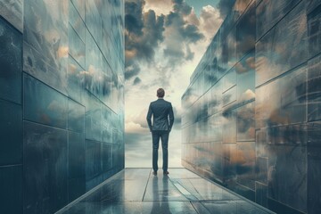 Businessman Standing Between Modern Glass Buildings Reflecting Dramatic Sky