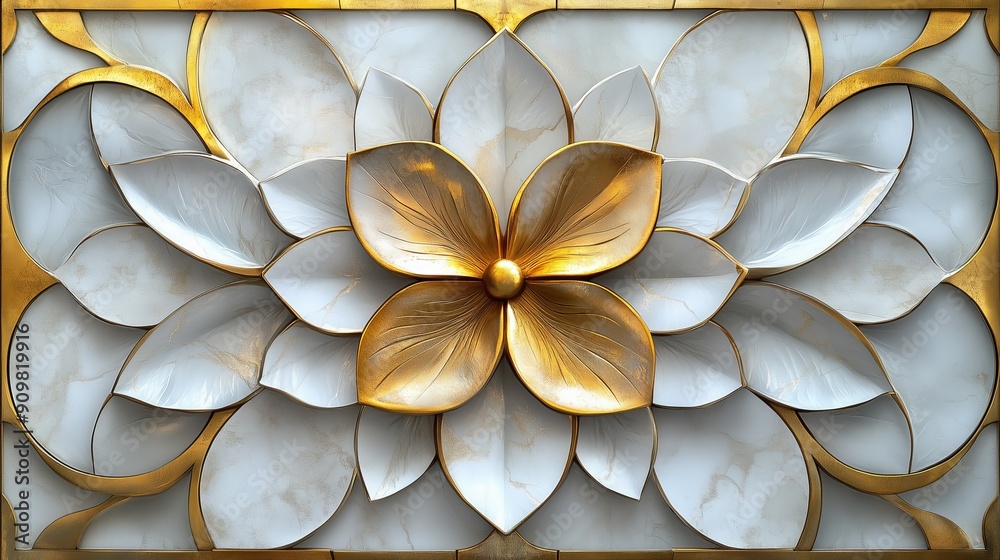 Poster A decorative floral design made from carved materials, featuring intricate details and shimmering golden highlights