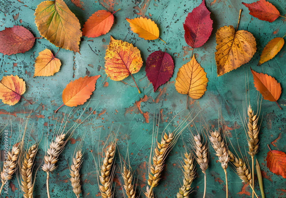 Fototapete autumn background with colored leaves and wheat on green textured concrete table, top view. space fo