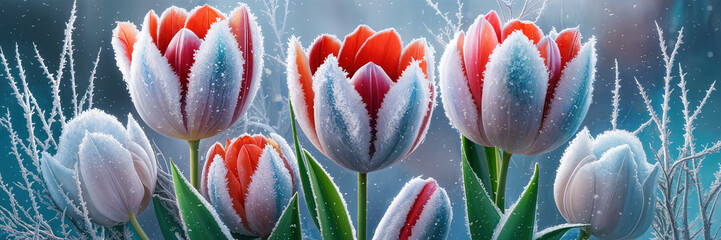 Fototapeta premium Tulip flowers in full bloom, mesmerizing blend of icy winter blue and frosty white with vibrant red. The flowers are nestled amidst snow covered foliage. 