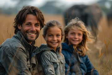 Family Enjoys Wildlife Experience in Nature Amidst Elephants on a Sunny Day