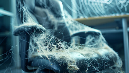 Symbolism of labor shortage and lack of staff represented by an office chair covered in spider webs