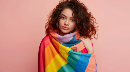 Beautiful brunette girl wrapped in a rainbow LGBT+ flag. The rainbow flag is a symbol of lesbian, gay, bisexual, transgender (LGBT) and queer pride and LGBT social movements.