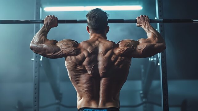 Muscular Bodybuilder Performing Intense Pull up Workout Showcasing Upper Body Strength