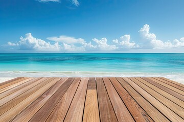 Fototapeta premium Wood table top podium floor in a sunny beach setting with blue ocean background