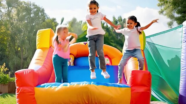Adorable little children of all ages having fun on an inflatable bouncy house
