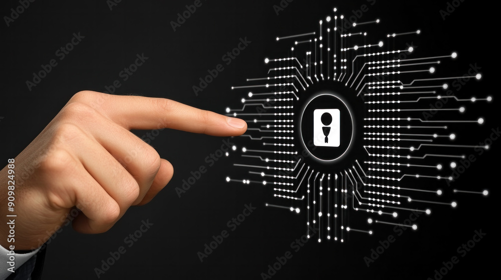 Poster a hand pointing to a computer screen with a black background and a white circle with a person inside