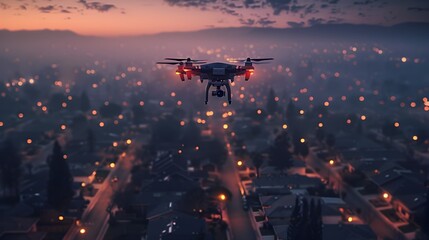 Naklejka premium Drone with Thermal Imaging Surveying Suburban Neighborhood at Night for Security Applications