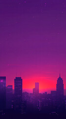Fototapeta premium A city skyline with a sunset in the background. The sky is purple and the buildings are lit up