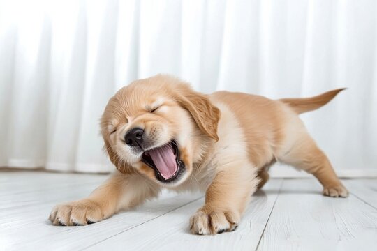 Yawning golden retriever puppy sitting on floor