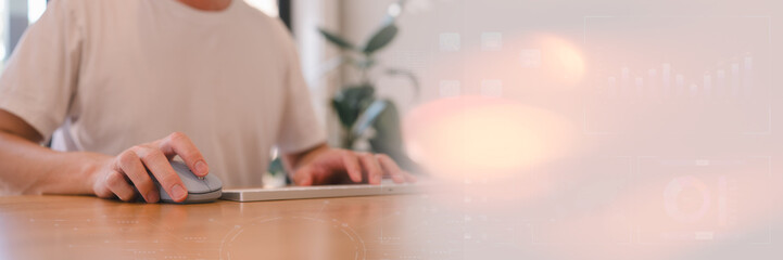 Businessman or freelancer using keyboard and mouse working remote in concept of Ai digital transformation technology DEVOPS global internet connect marketing Financial banking Digital link tech