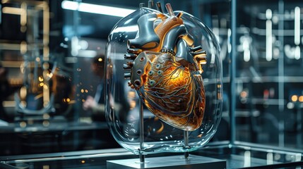  image of a modern high-tech heart with various mechanisms. Inside the clear glass cabinet There are scientists around.