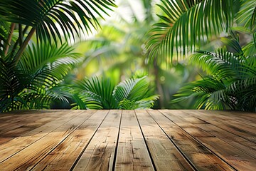 Fototapeta premium Wood table top podium floor in a tropical palm beach background