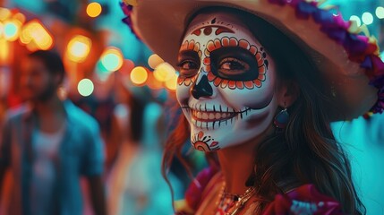 people wearing clean white skull makeup, cute, bright colors, and hats. Black mexican walking on street with carnival.