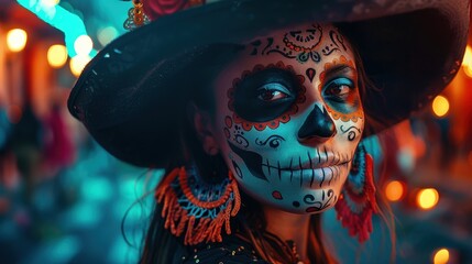 people wearing clean white skull makeup, cute, bright colors, and hats. Black mexican walking on street with carnival.