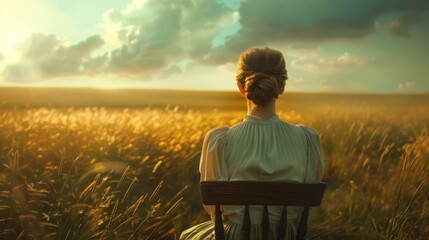 The high-definition image of a woman sitting on a wooden chair in a large grass field looks comfortable.