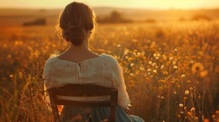 The high-definition image of a woman sitting on a wooden chair in a large grass field looks comfortable.