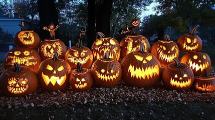 Eerie Carved Halloween Pumpkins with Glowing Faces