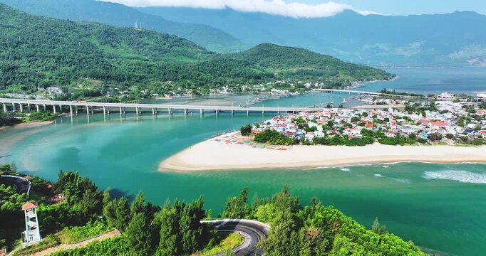 Aerial view of Lang Co bay and beach, Hai Van pass, Lap An lagoon, Hue, Vietnam. Travel and landscape concpet.