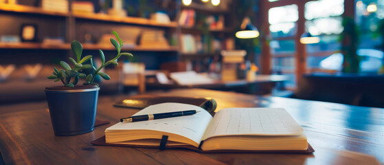 Close up desk with a notebook and pen on it in the office