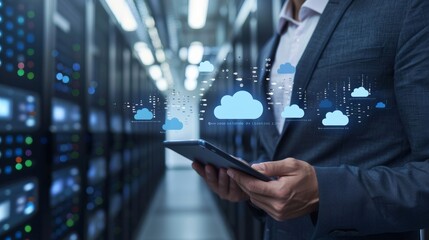 Tech Savvy Business Professional Embracing Cloud Computing Innovation in HighTech Data Center Setting