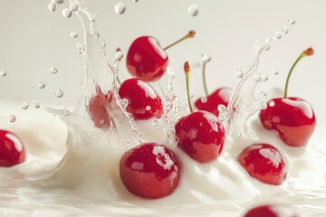 Fresh cherries splashing into creamy milk, smoothie, or yoghurt, cut out , ai