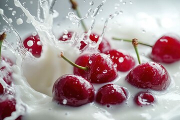 Fresh cherries splashing into creamy milk, smoothie, or yoghurt, cut out , ai