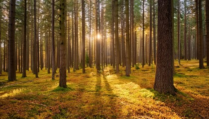 Obraz premium Golden Hour Forest Bathed in Sunlight