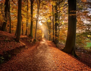 Obraz premium Golden Path Through Autumn Woods: A picturesque path winds through a vibrant autumn forest, bathed in golden sunlight. Fallen leaves carpet the ground, creating a warm and inviting atmosphere. The sce