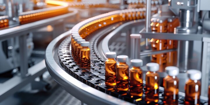 M&eacute;dicaments et sant&eacute;, une ligne de production de produits pharmaceutiques avec des flacons en verre en cours de conditionnement industriel.