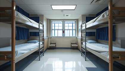 Simple student-style dorm bedroom. Hostel dormitory room
