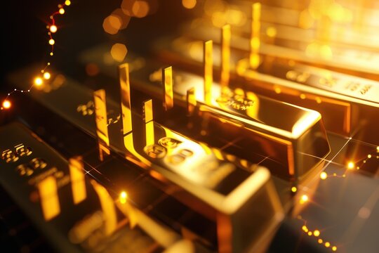 Des graphiques boursiers et des lingots d'or en arri&egrave;re-plan, avec des effets de lumi&egrave;re dor&eacute;e, cr&eacute;ant une atmosph&egrave;re d'interaction financi&egrave;re.