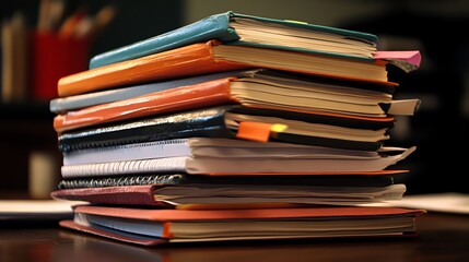 Obraz premium Stack of colorful notebooks on a desk, representing education, learning, and organization.