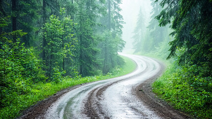 Fototapeta premium A road with a wet, muddy surface and trees in the background. The road is curvy and the trees are lush and green.