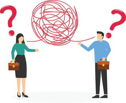 Businessman and woman have troubles with understanding each other. Problems in communication. Misunderstanding create confusion in work, miscommunicate unclear information. Vector illustration.

