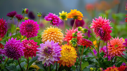 Colorful Dahlia Garden Dahlias in Shades of Pink Yellow Background AI Generative