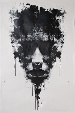 An inkblot test with black ink on white paper in the shape of a human face