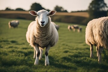 Fototapeta premium ke looking sheep meadow you farm isolated background lamb animal wool grass spring green field cute farming agriculture white ewe mammal young nature rural countryside happy beautiful personality