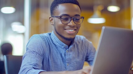 Fototapeta premium A person with glasses working on a laptop, great for tech or professional settings