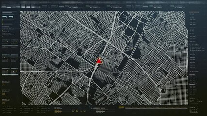 Futuristic HUD satellite view of traffic surveillance on a busy expressway junctions tracking and monitoring highway traffic for possible target vehicle