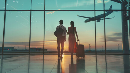 A young couple looking an airplane ascends into the sky visible through the expansive window beside them. Night airport and new life or fresh start concept.