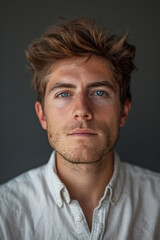 Fototapeta premium Portrait or passport photo of a middle-aged Caucasian man with dark hair and blue eyes 