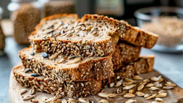 stack of sliced multigrain bread with seeds on wooden surface
